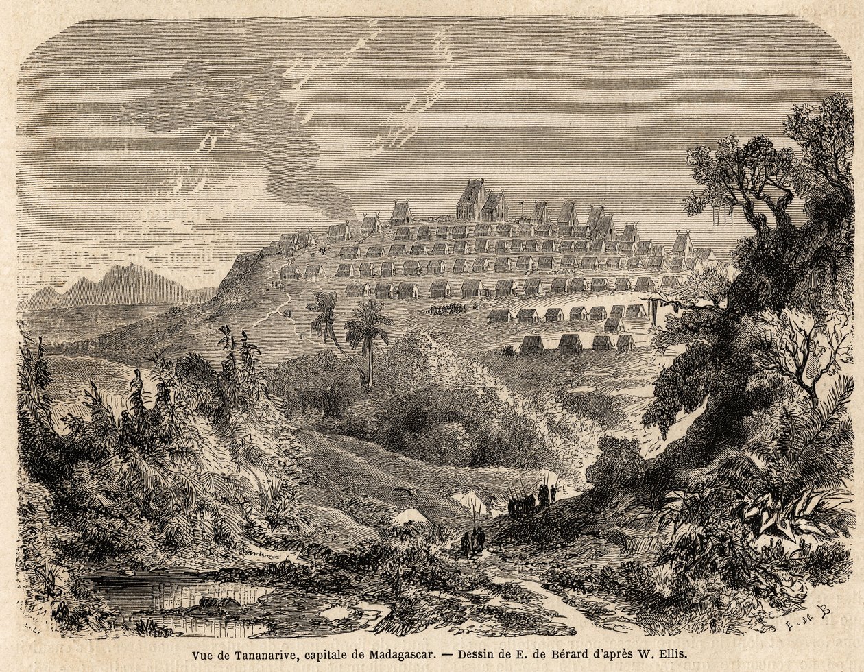 Tananarive, Madagaszkár fővárosának képe, Evremond de Berard (1824-1881) rajza Ida Pfeiffer 1857-es madagaszkári utazásának illusztrálására. Metszet a „” Le tour du monde”-ban 1861. Selva gyűjteménye. alkotó: Evremond de (after) Berard
