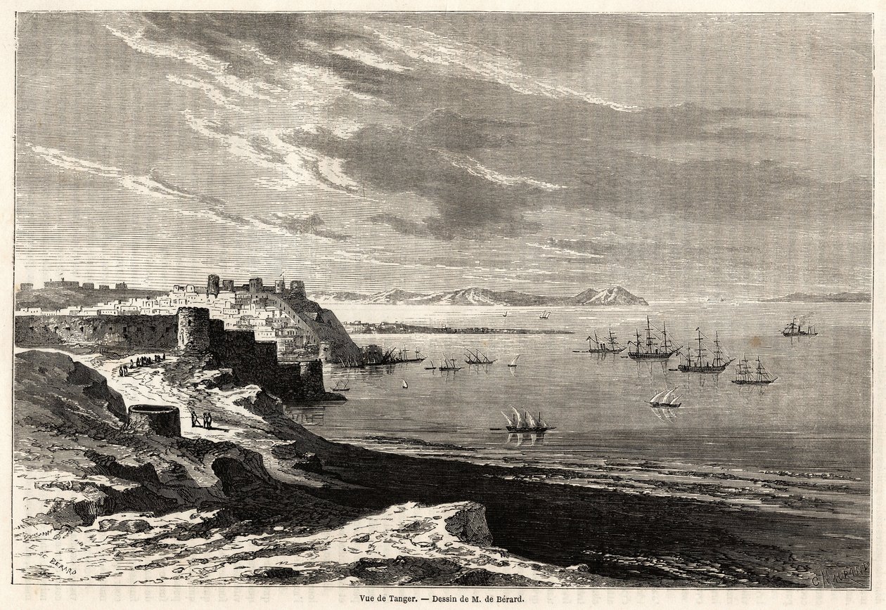 Tangier (Marokkó) képe, Evremond de Berard (1824-1881) rajza M.F.Schickler marokkói utazási feljegyzéseinek illusztrálására. Metszet a „” Le tour du monde, nouveau Journal des voyages”” Párizsban alkotó: Evremond de (after) Berard