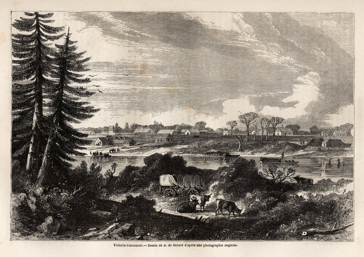 Victoria-Vancouver, Brit Kolumbia fővárosa, Auguste de Berard (1824-81) rajza, amely a Sziklás-hegység 1857-59-es feltárását mutatja be John Palliser kapitány által. Metszet a „” Le tour du monde, nouveau Journal des voyages”” Párizsban alkotó: Evremond de (after) Berard