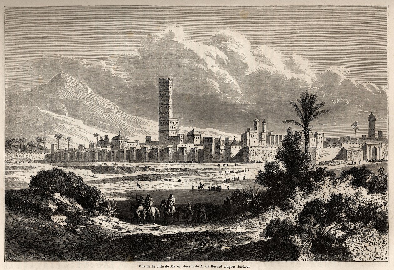 Marrakech városának (korábbi nevén Marokkó) képe, Auguste de Berard (1824-1881) rajza Mr.F. illusztrálására. Schickler 1860-as marokkói utazása. Metszet a „” Le tour du monde, nouveau Journal des voyages”” című könyvben, Paris alkotó: Evremond de (after) Berard