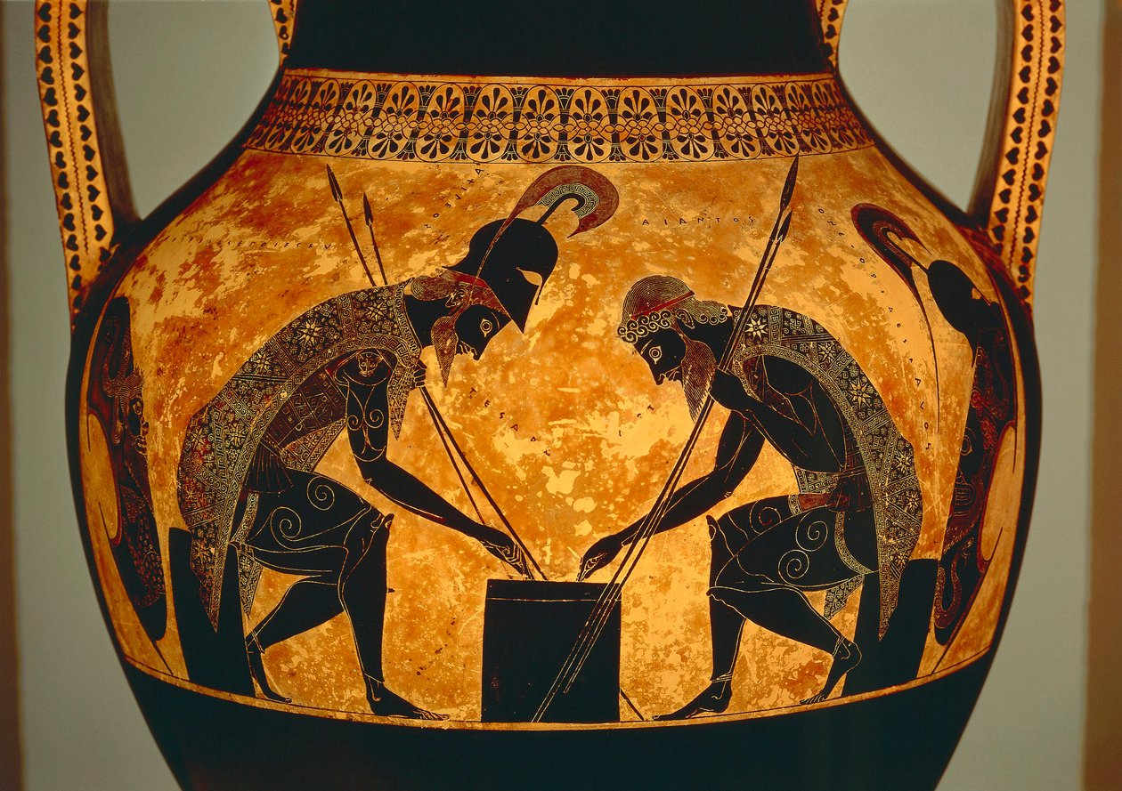 Tetőtéri fekete figurás amfora, amely Akhilleust és Ajaxot ábrázolja kockán játszó Vulciból, Kr.e. 540-530 (kerámia) (részlet) alkotó: Exekias Exekias