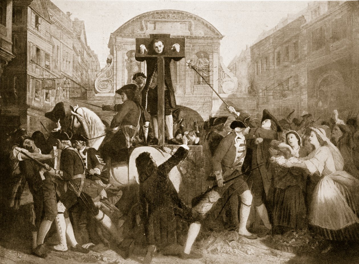 Daniel Defoe a pellengérben, 1703. július 31., illusztráció a Hutchinson történetéből a brit nemzetről, 1923 körül alkotó: Eyre Crowe