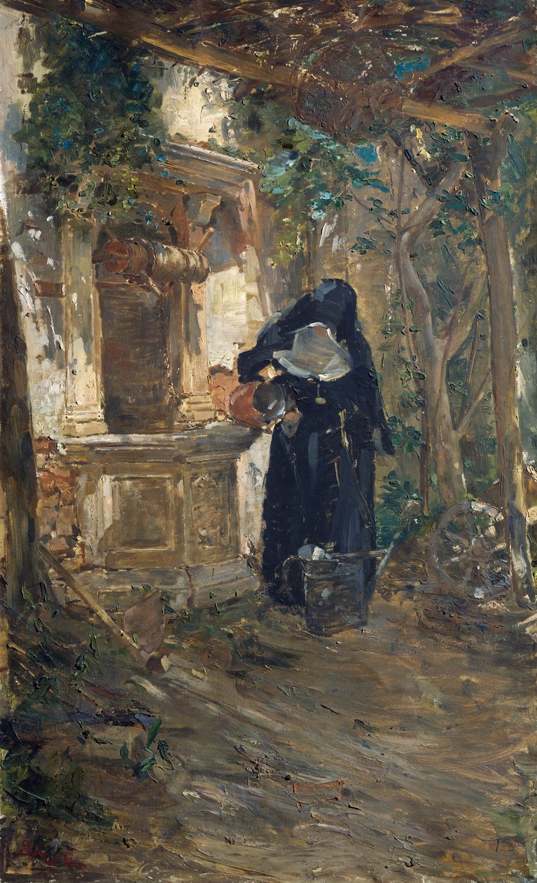 Apáca a kútnál, szerző: Ezechiele Acerbi (1850-1920), olaj, vászon, 92,5x57,5 cm alkotó: Ezechiele Acerbi