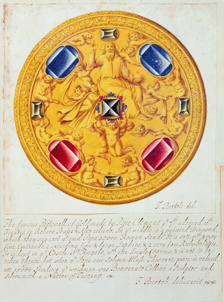 Elölnézetben egy aranyból és ékszerekből készült melldísz, amelyet Cellini készített VII. Kelemen pápának 1729-ben, 1523-34 körül. alkotó: F. Bertoli