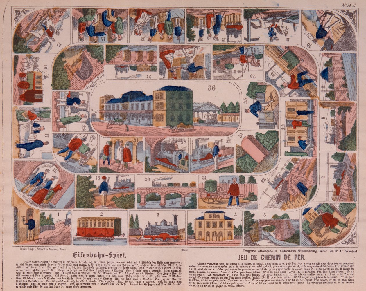 Gőzvonat játék, képes adatlap, kiadó: Ackermann, Wissembourg, 1860 körül alkotó: F. C. Wentzel