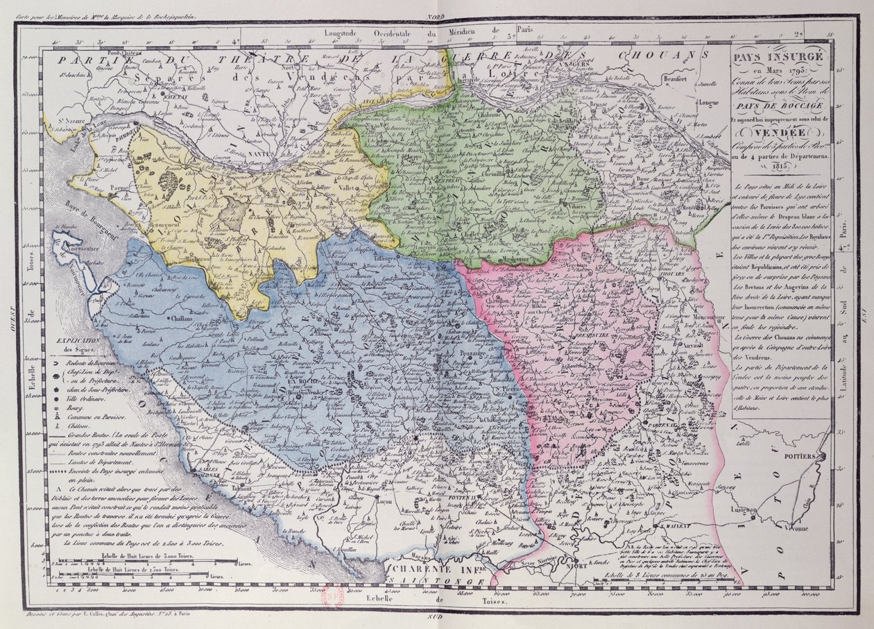 A Vendee térképe, amely az 1793. márciusi vendeai felkelés (1793-96) területét ábrázolja, 1815 körül (színes metszet) alkotó: F. Colliu