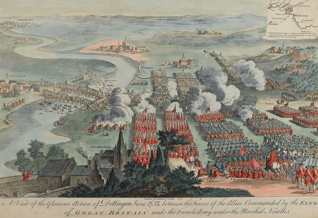 A Dettingen dicsőséges akciójának képe, 1743. június 16-27, I. Pano metszete, kiadó: Robert Wilkinson, London, 1743 alkotó: F. Daremberg