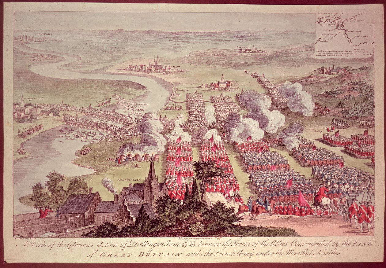 Kilátás a dicsőséges dettingeni akcióról, 1743. június 16-27., a Nagy-Britannia királya által vezényelt szövetségesek erői és a Noailles marsall (1678-1766) alatti francia hadsereg között, metszet alkotó: F. Daremberg