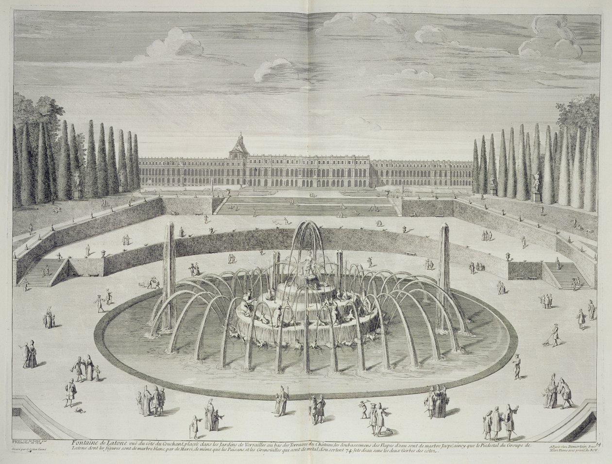 Latone szökőkút Versailles-ban, 1714, a "Les Plans, Profiles et Elevations des Villes et Chateau de Versailles"-ból, Gerard Jean-Baptiste Scotin (1671-1716) metszete, 1715 körül megjelent alkotó: F. Delamonce