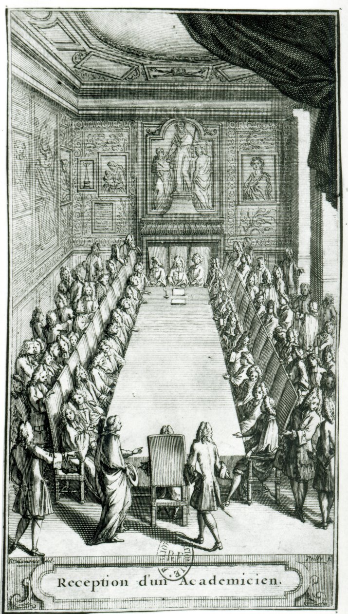 A Francia Akadémia tagjának fogadása, Francois Poilly (1622-83) metszete alkotó: F. Delamonce