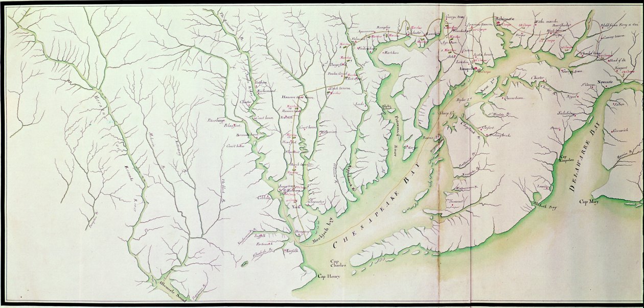 Általános térkép az amerikai hadsereg táborairól és menetéről Rochambeau parancsára, a bal oldal részlete, a Guerre de lAmerique-ból, 1780-81 körüli színes metszet lásd még 440787 alkotó: F. Dubourg