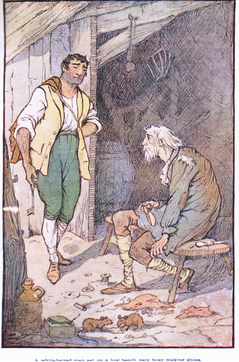 Egy fehér hajú férfi ült egy alacsony padon, nagyon elfoglalt volt cipőkészítéssel. alkotó: F. M. B. Blaikie