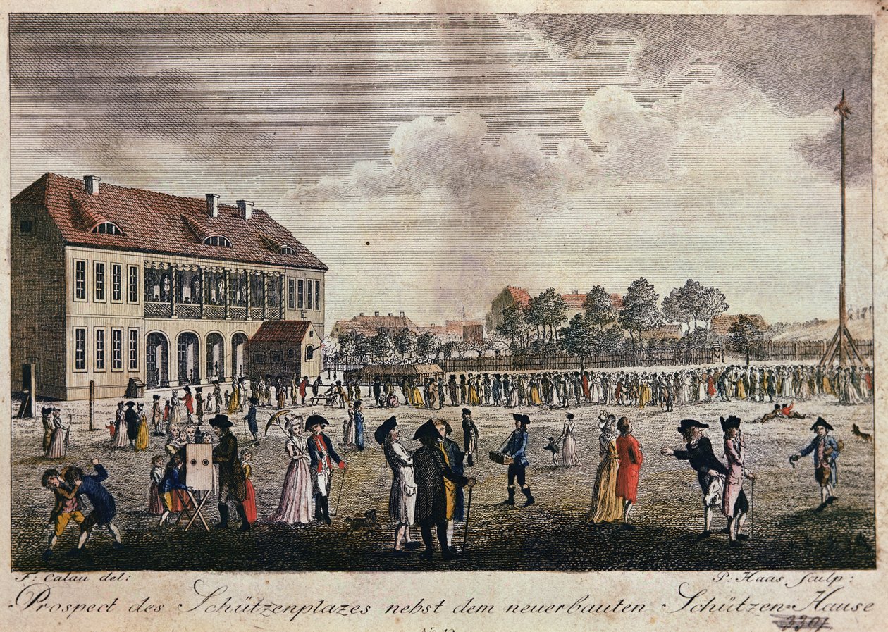 Kilátás az újonnan épült klubházra és a térre, Berlin (kézzel színezett rézkarc) alkotó: F.A. Calau