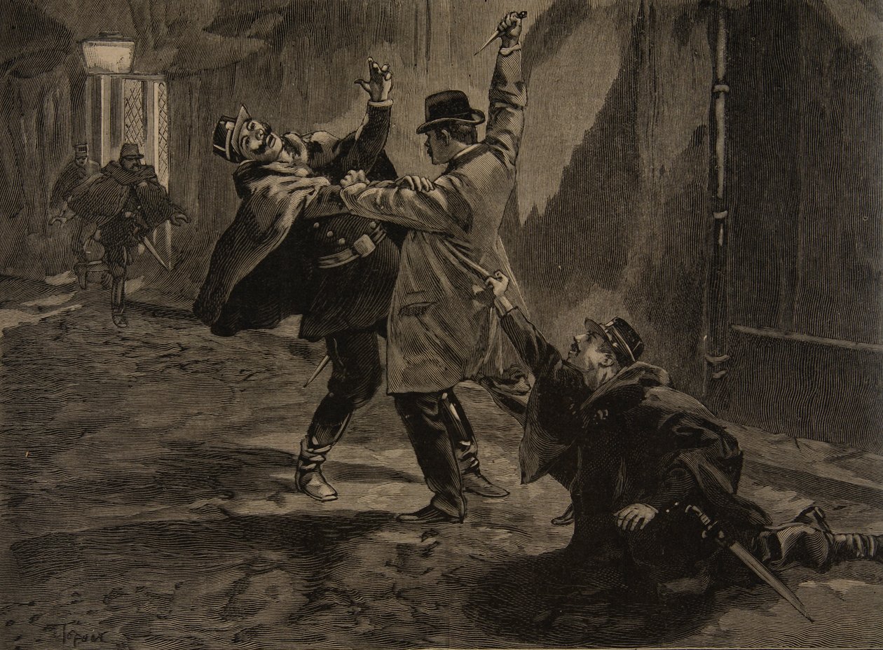 Etievant, az anarchista elköveti a késelést, illusztráció a „Le Petit Journal: Supplement illustre” című folyóiratból, 1898. január 30. alkotó: F.L. and Tofani, Oswaldo Meaulle
