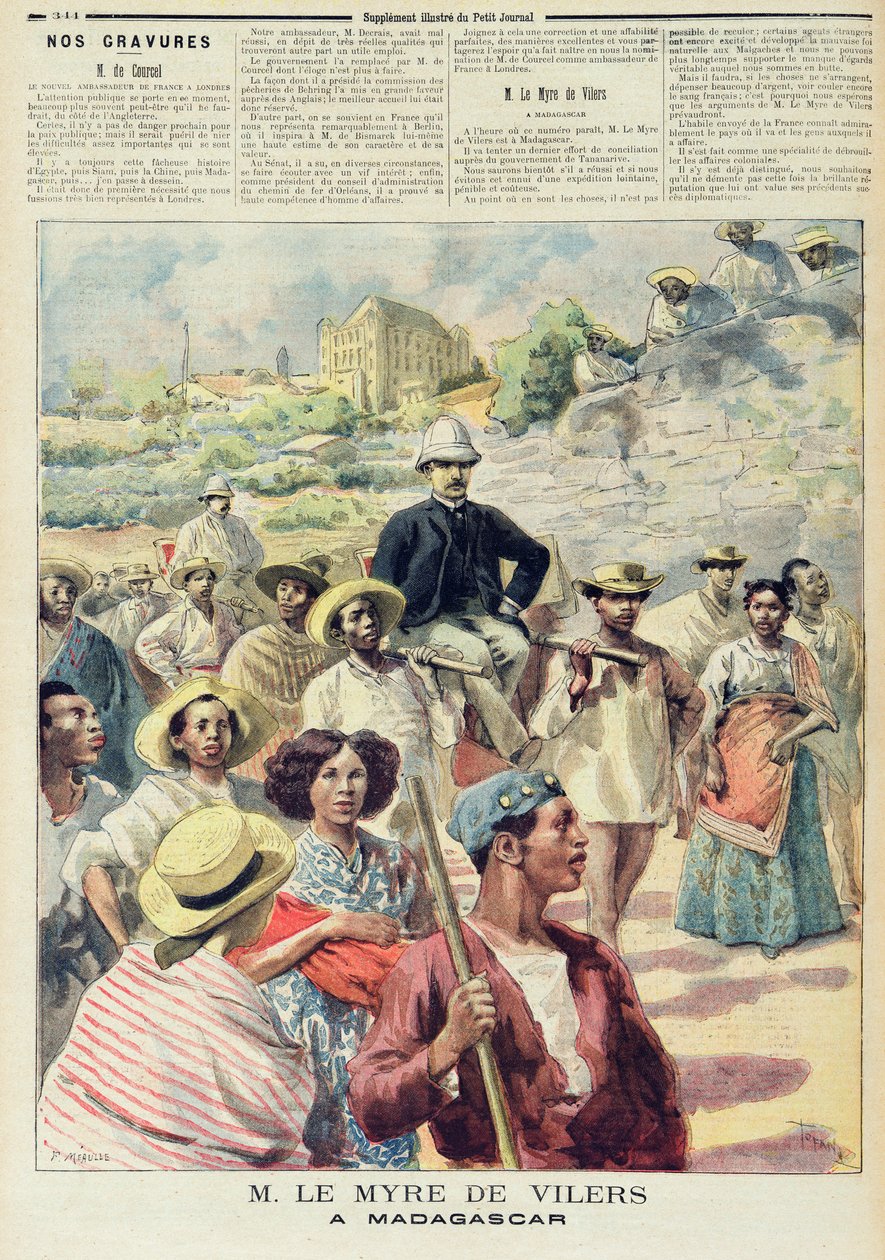 M. le Myre de Vilers Madagaszkáron, illusztráció a „Le Petit Journal”-ból, 1894. október 22. (színes metszet) alkotó: F.L. and Tofani Oswaldo  Meaulle