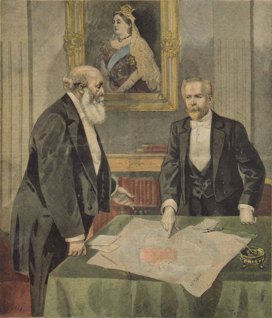 Paul Cambon (1843-1924) francia nagykövet és Lord Salisbury (1830-1904) brit miniszterelnök által Londonban aláírt angol-francia egyezmény a Le Petit Journalból, 1899. április 9. (színes en alkotó: F.L. and Tofani, Oswaldo Meaulle