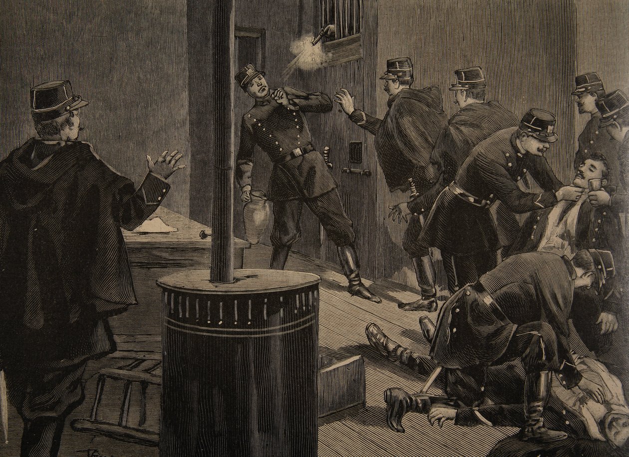 Etievant, az anarchista lövöldözik a rácsból, illusztráció a „Le Petit Journal: Supplement illustre” című folyóiratból, 1898. január 30. alkotó: F.L. and Tofani, Oswaldo Meaulle