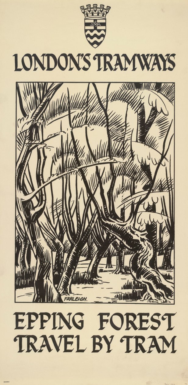 „Epping Forest, Utazás villamossal”, London Megyei Tanács LCC Tramways plakátja, 1922 alkotó: FW Farleigh