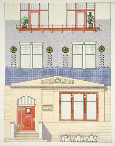 Egy német városi ház homlokzatának terve, 1900-as évek eleje, a „Documents Architecture Moderne”-tól (színes litho) alkotó: F.W. Jochem