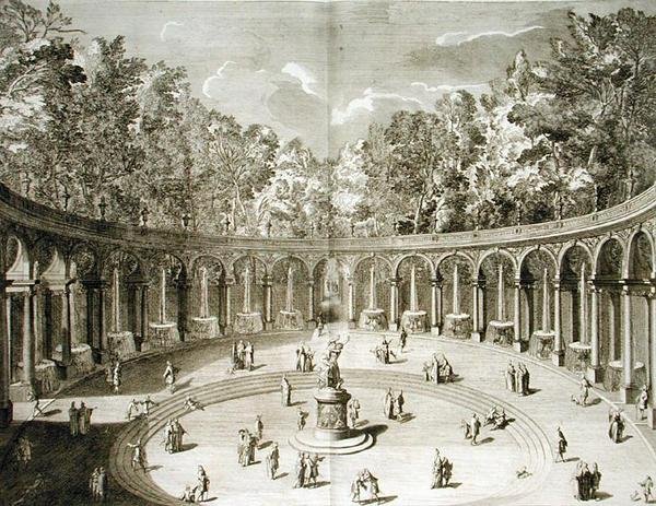 A versailles-i oszlopsor a "Les Plans, Profiles et Elevations des Ville et Chateau de Versailles"-ból, Gerard Jean-Baptiste Scotin (1671-1716) metszete, 1715 körül megjelent (metszet) alkotó: F. (after) Delamonce