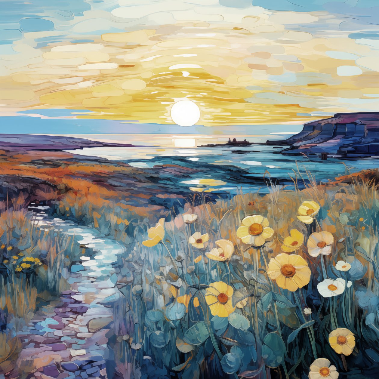 Absztrakt lila virágok a napfelkelte tájkép festmény, Wall Art nyomatok alkotó: F. Abderrahim