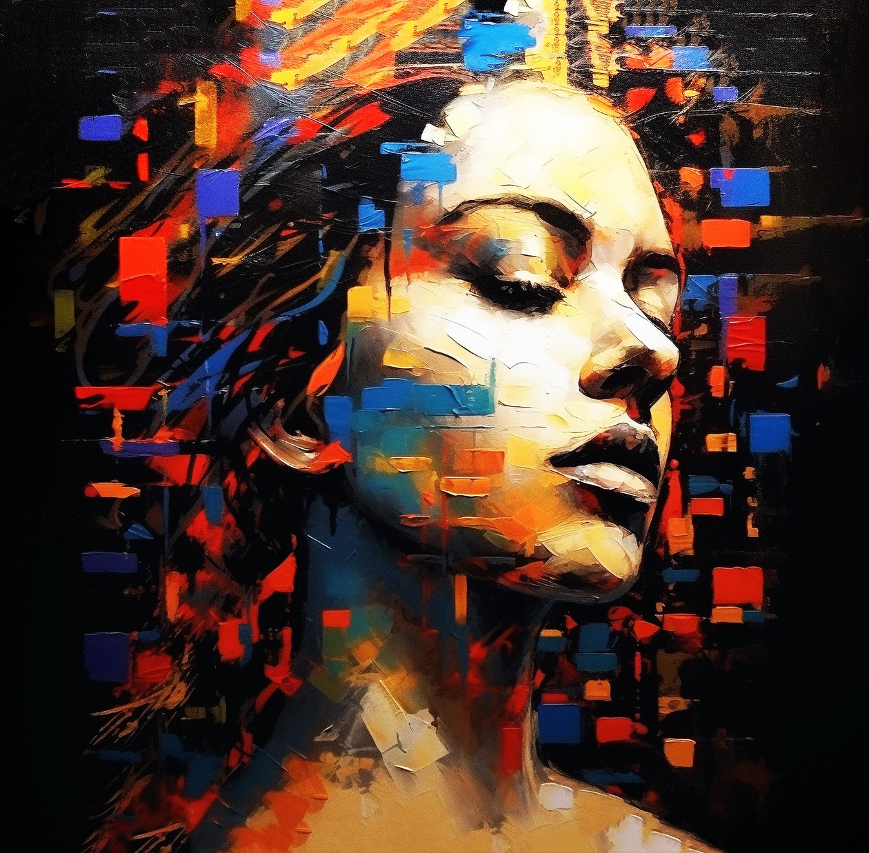 Absztrakt festmény női portré profil fekete háttér, Wall Art | Vászon nyomatok alkotó: F. Abderrahim