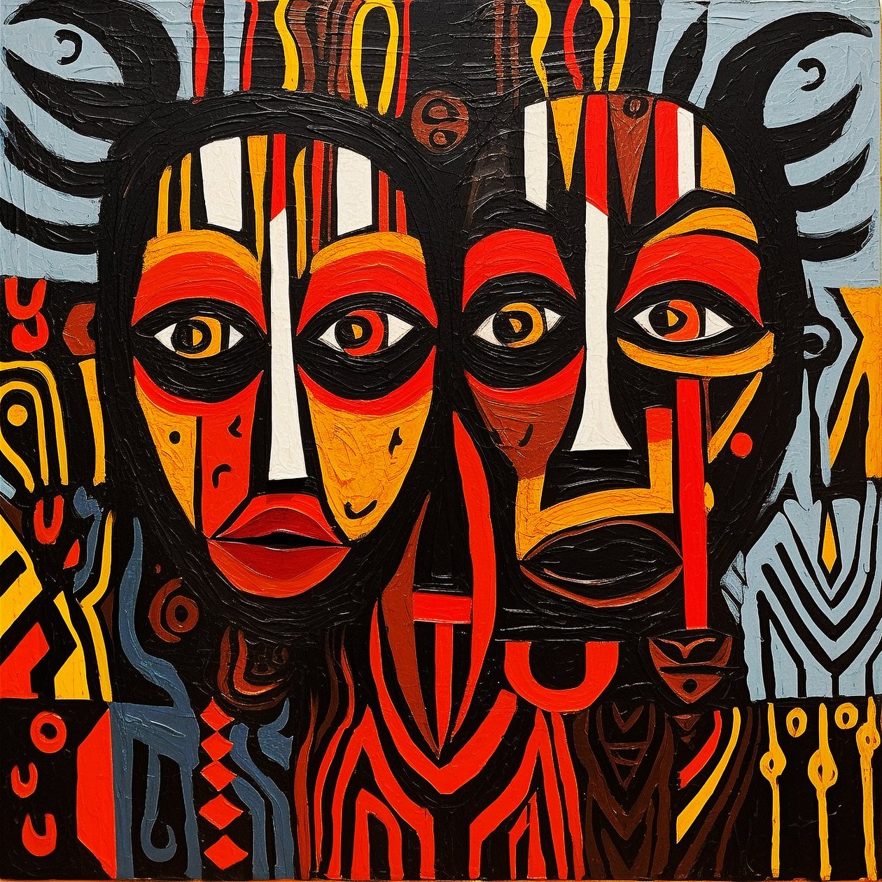 Afrikai törzsi arcok, Picasso stílusú festmény, vászon falra Art print alkotó: F. Abderrahim