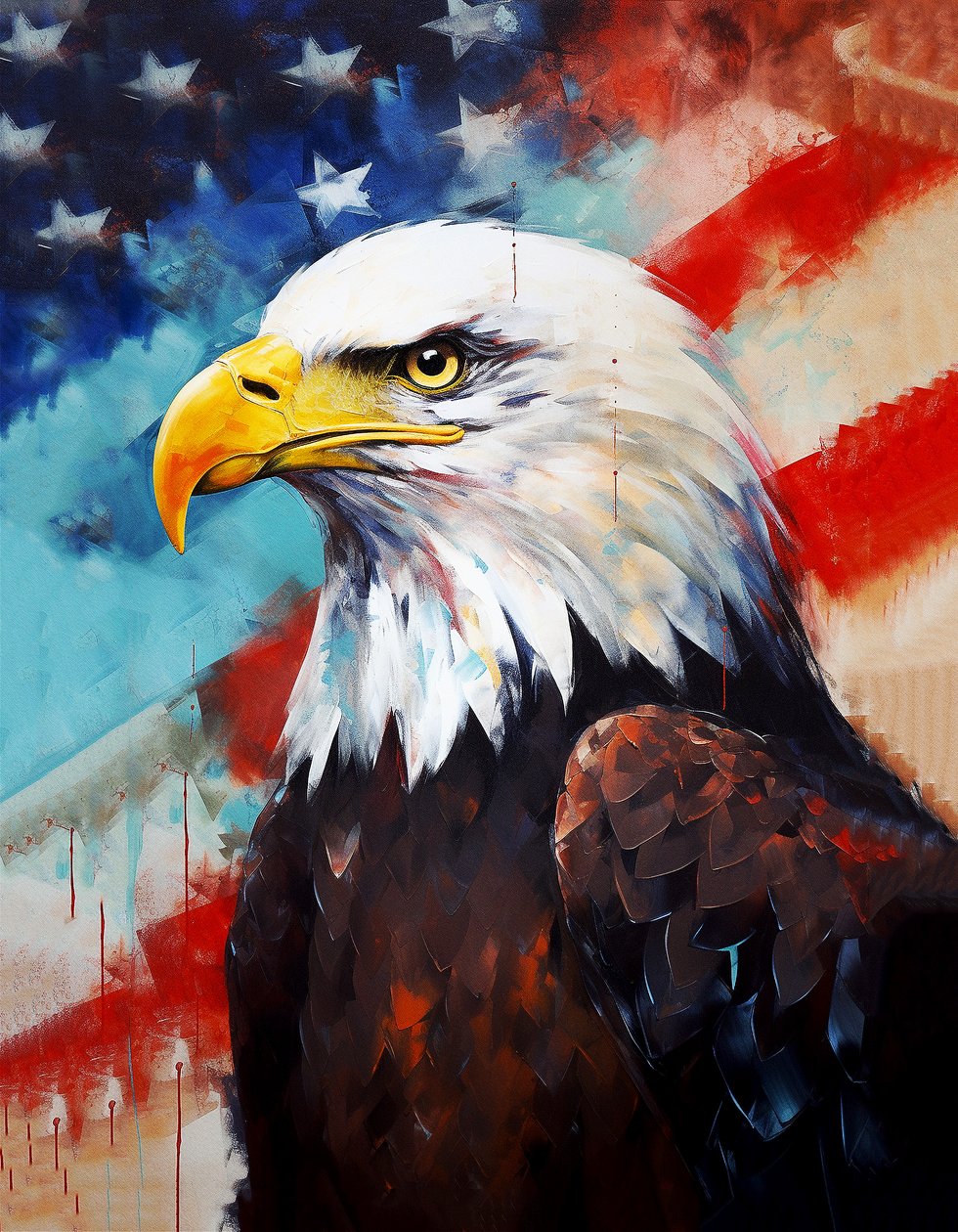 American eagle, US flag in the background, Oil painting, room decor, wall art prints alkotó: F. Abderrahim