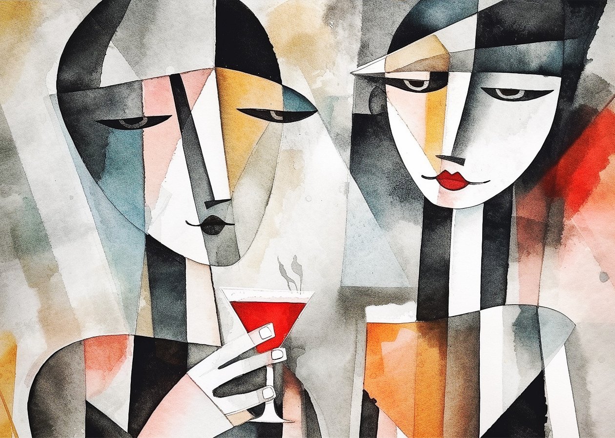 Pár iszik bort az étteremben, vászonra és falra Art print alkotó: F. Abderrahim