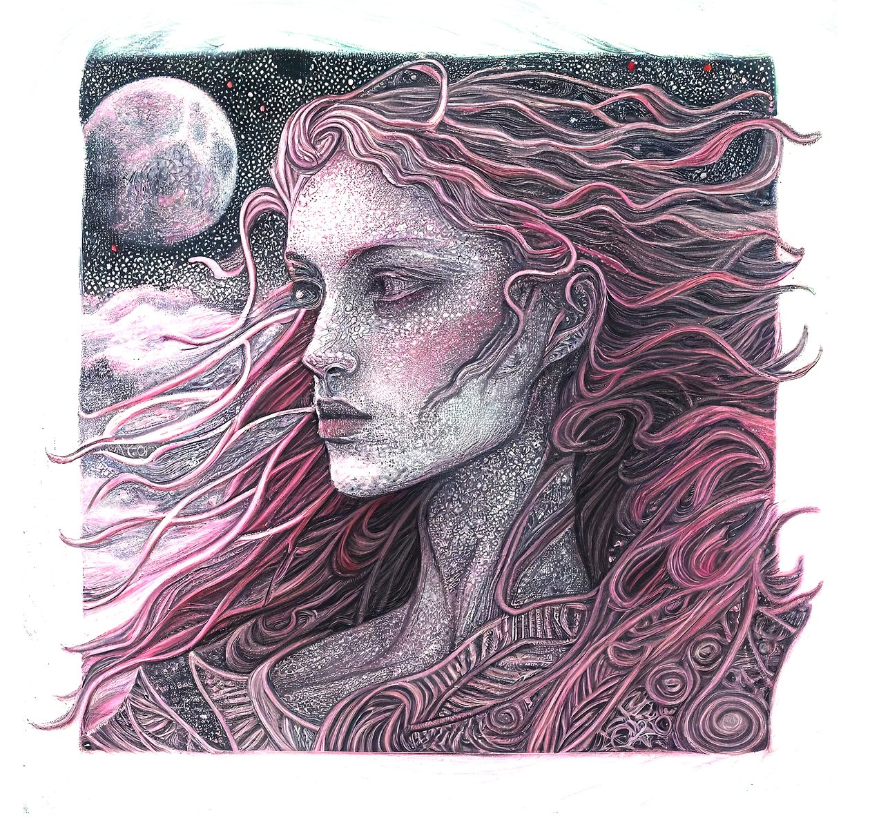 Fine Line Art női portrégrafika, fali grafikák alkotó: F. Abderrahim