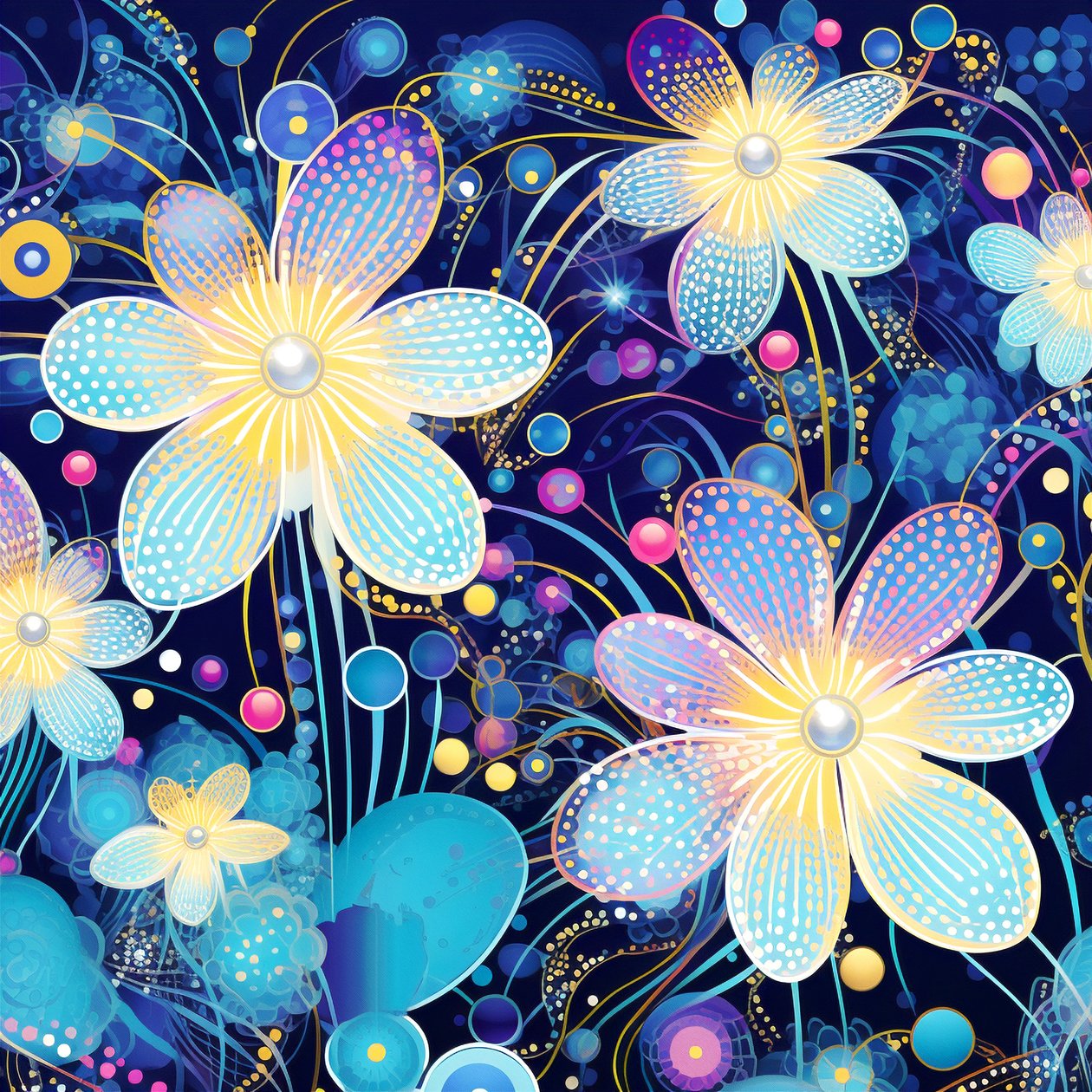 Virágos motívumminta kékben, Yayoi Kusama stílusban, online nyomatok, képzőművészeti nyomatok alkotó: F. Abderrahim