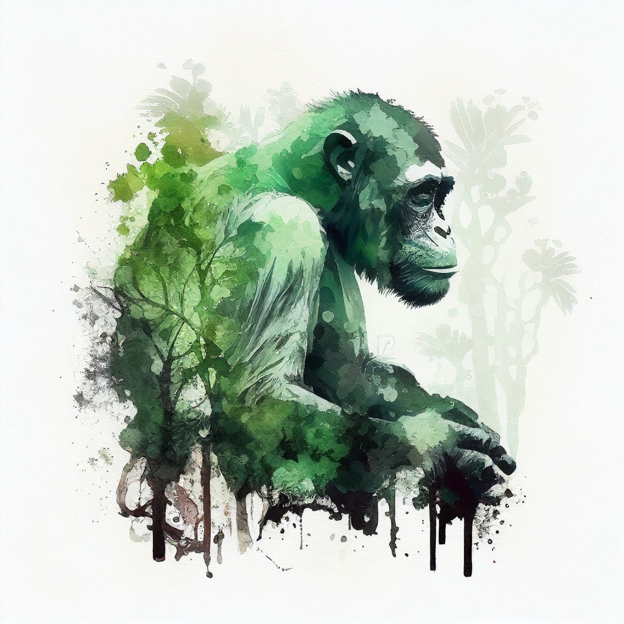 Jungle Monkey, csimpánz, Double exposure akvarell festmény, művészeti nyomatok alkotó: F. Abderrahim