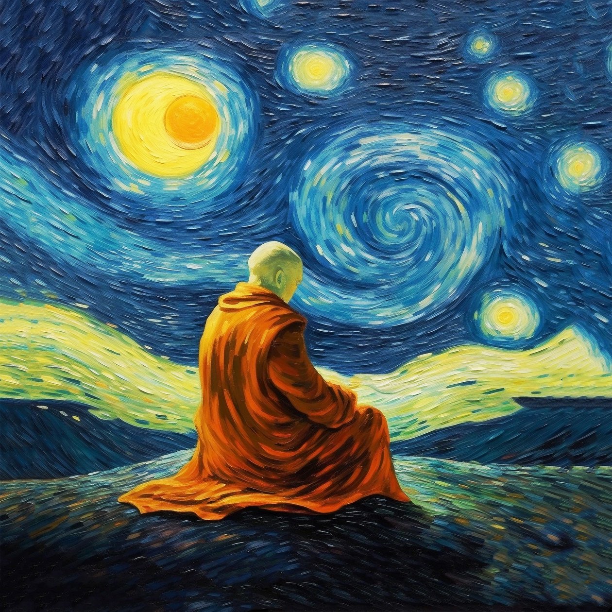 Férfi meditációban, Van Gogh festmények stílus, jóga póz nyomtatványok, fali művészeti nyomatok alkotó: F. Abderrahim