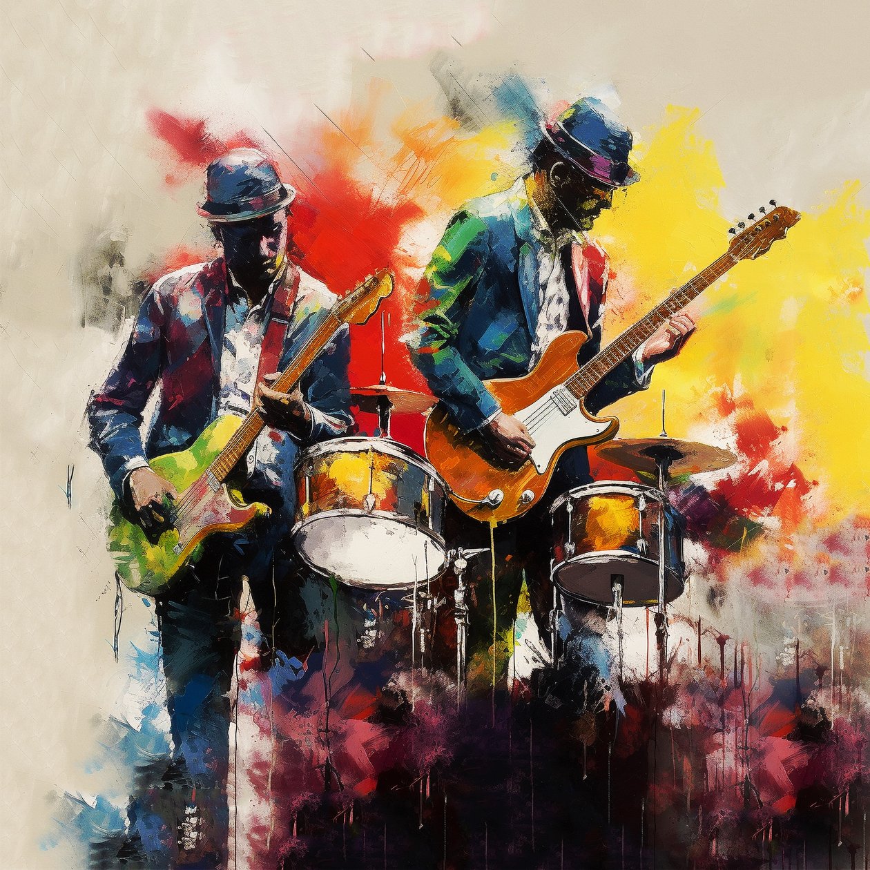 Rock  jazz zenész zenekar gitározik, ecsetfestés, falikép nyomatok alkotó: F. Abderrahim