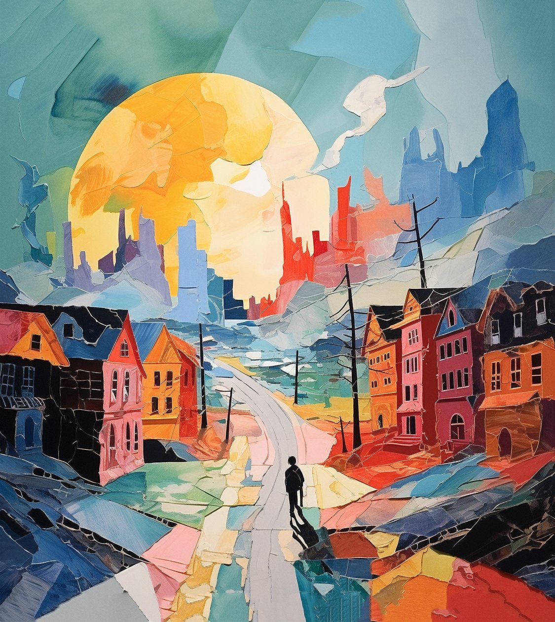 Havas nap az óvárosban, szürrealizmus, téli táj, fali művészeti nyomatok alkotó: F. Abderrahim