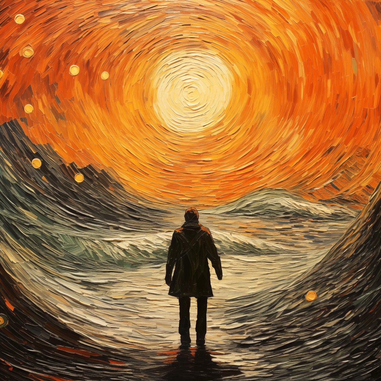 Szürreális jelenet, egy férfi a tenger hullámaiban, Vincent van Gogh impresszionista stílusban alkotó: F. Abderrahim