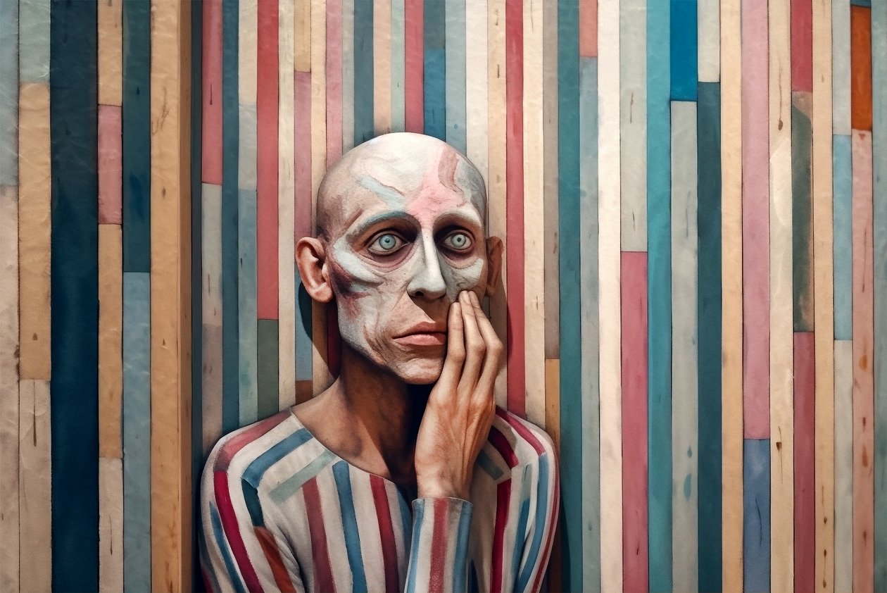 Giorgio de Chirico által ihletett szürrealista festmény egy szomorú emberről, művészeti nyomatok alkotó: F. Abderrahim