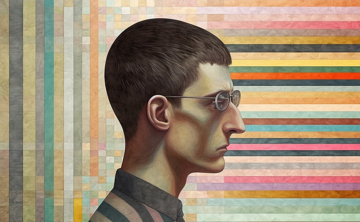Giorgio de Chirico által inspirált értelmiségi ember, szürrealizmus portréfestészet alkotó: F. Abderrahim