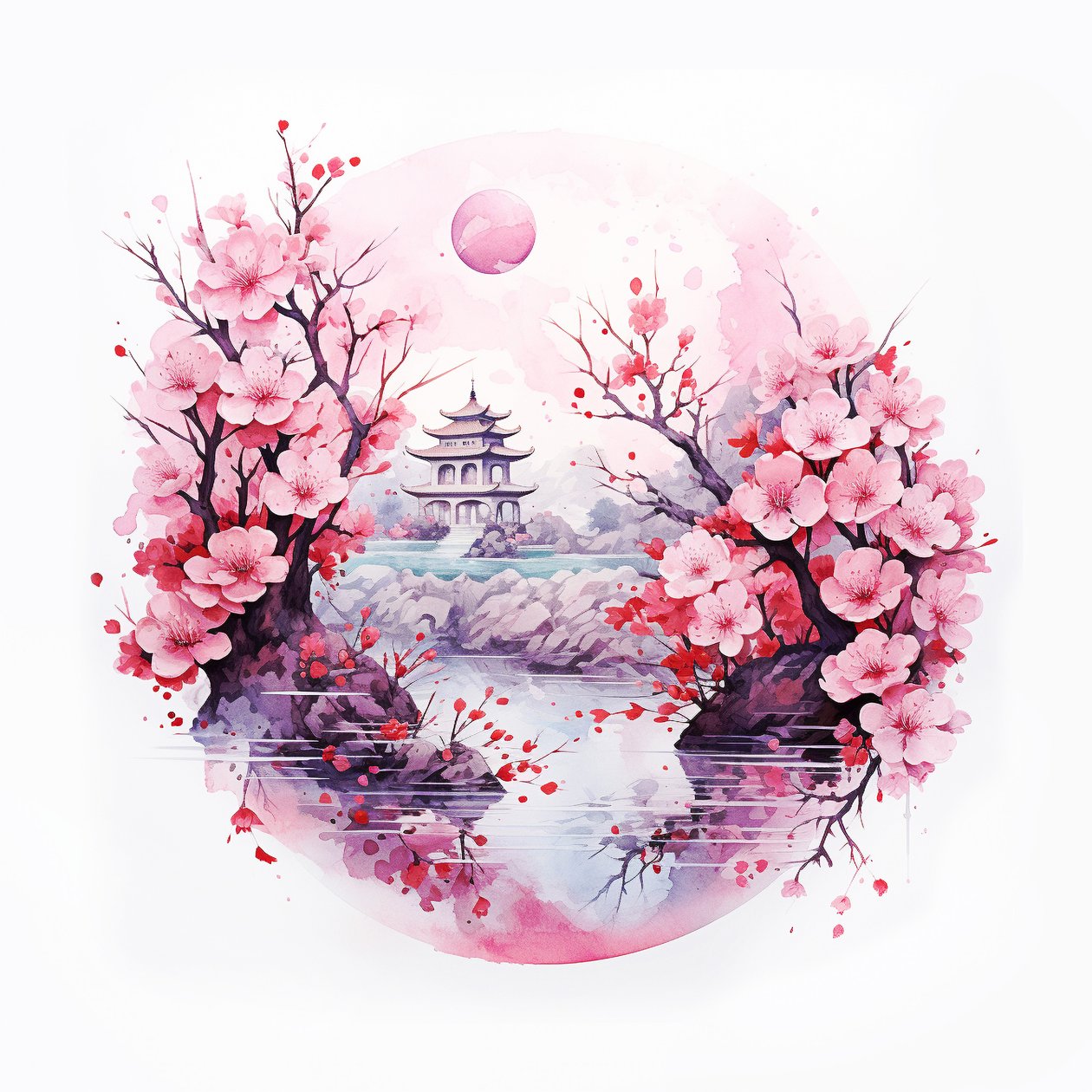 japán tradicionális otthoni kert virágokkal, fali művészeti nyomtatás alkotó: F. Abderrahim