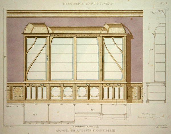 Cukrászda vitrinjének kialakítása, 1900 körül megjelent "Menuiserie d