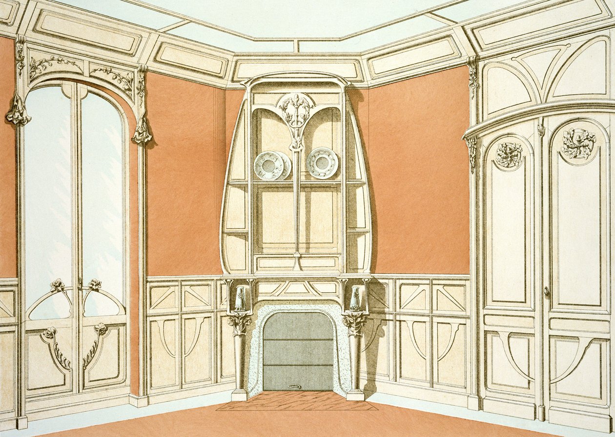 Ebédlő belső kialakítása, illusztráció a Menuiserie dArt Nouveau-ból, megjelent 1900 körül alkotó: F. Barabas