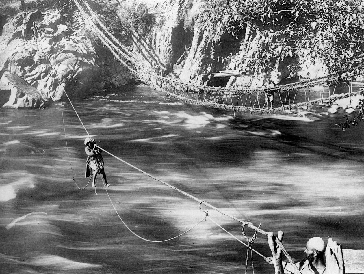 Kötélhíd, Jhelum Valley, Kasmír, India, 1900 körül. alkotó: F. Bremner