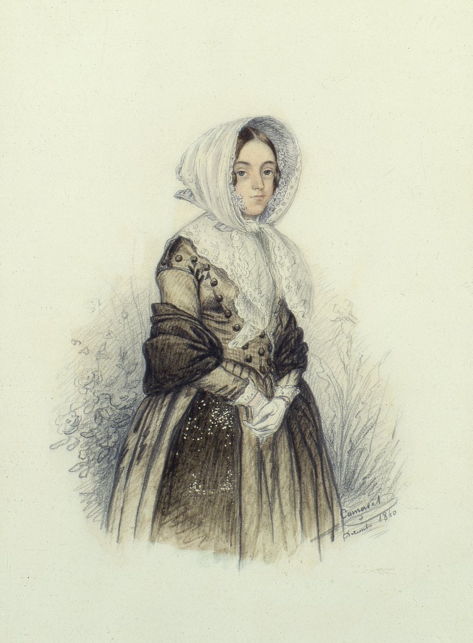 Fiatal hölgy portréja motorháztetőben fehér kesztyűvel, 1840 (wc és ceruza papíron) alkotó: F. Camaret