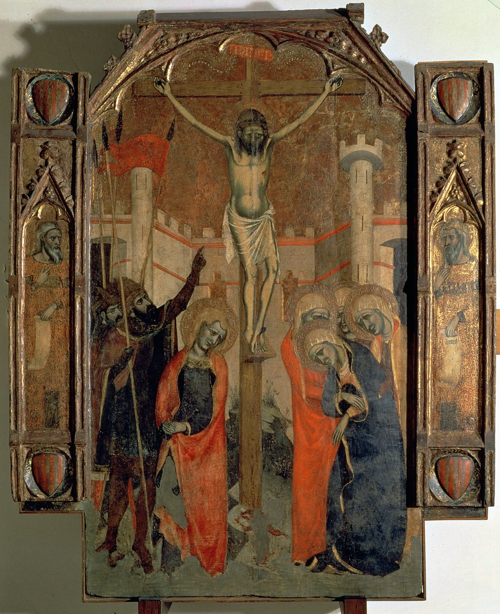 A keresztre feszítés, az 1358-ban elkészült almudainai nagyoltár központi paneljének felső része (tempera a táblán) alkotó: F. Bassa and R. Destorrents