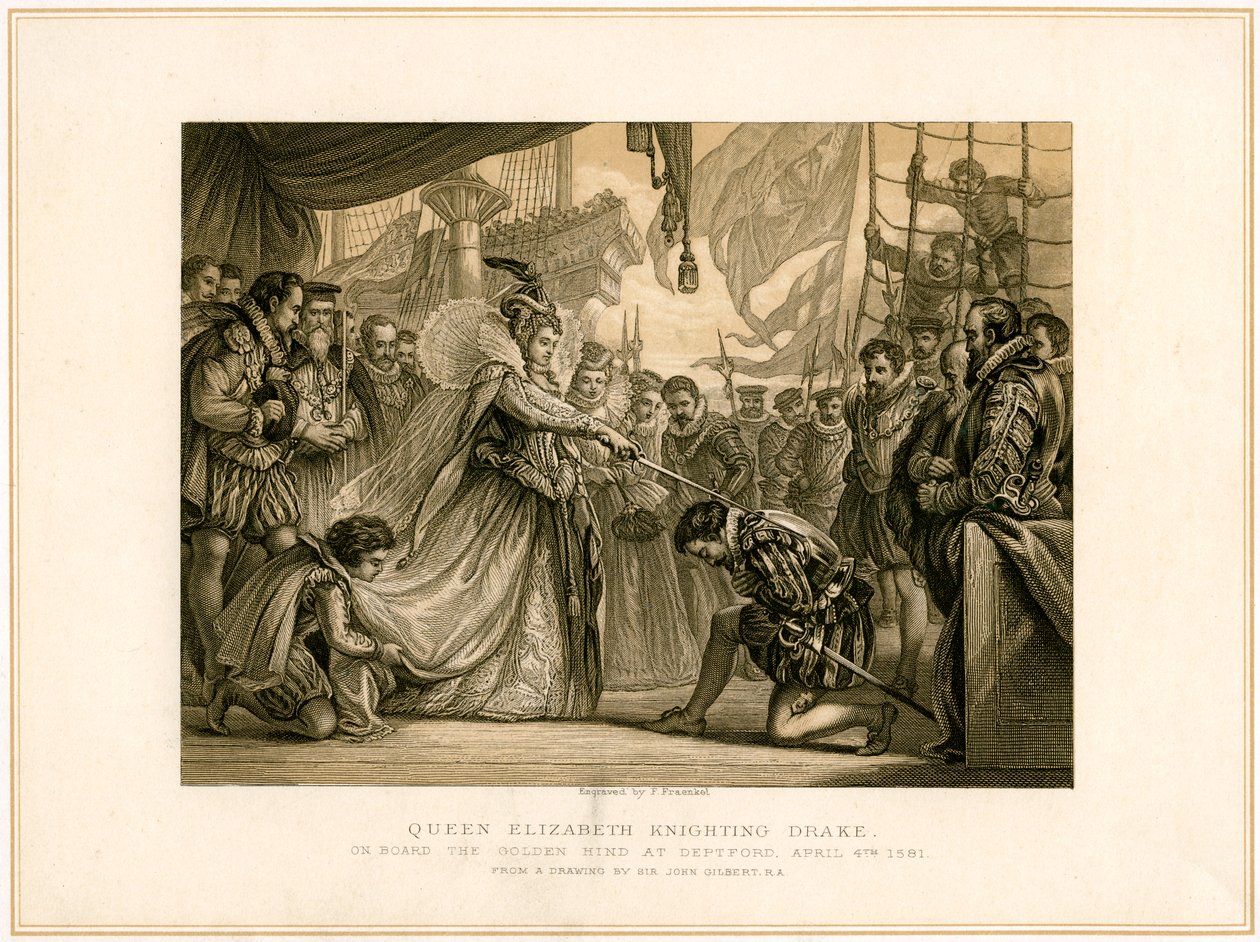 „Queen Elizabeth Knighting Drake a Golden Hind fedélzetén..., 1581. április 4.”, XIX. század alkotó: F Fraenkel