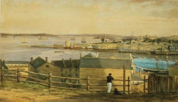 Circular Quay, Sydney, 1870 körül (akvarell) alkotó: F. Halsted