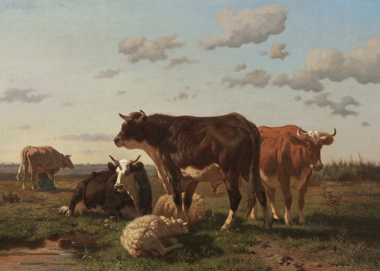 Szarvasmarha és juh egy tájban, 1850 alkotó: F. Jurnet