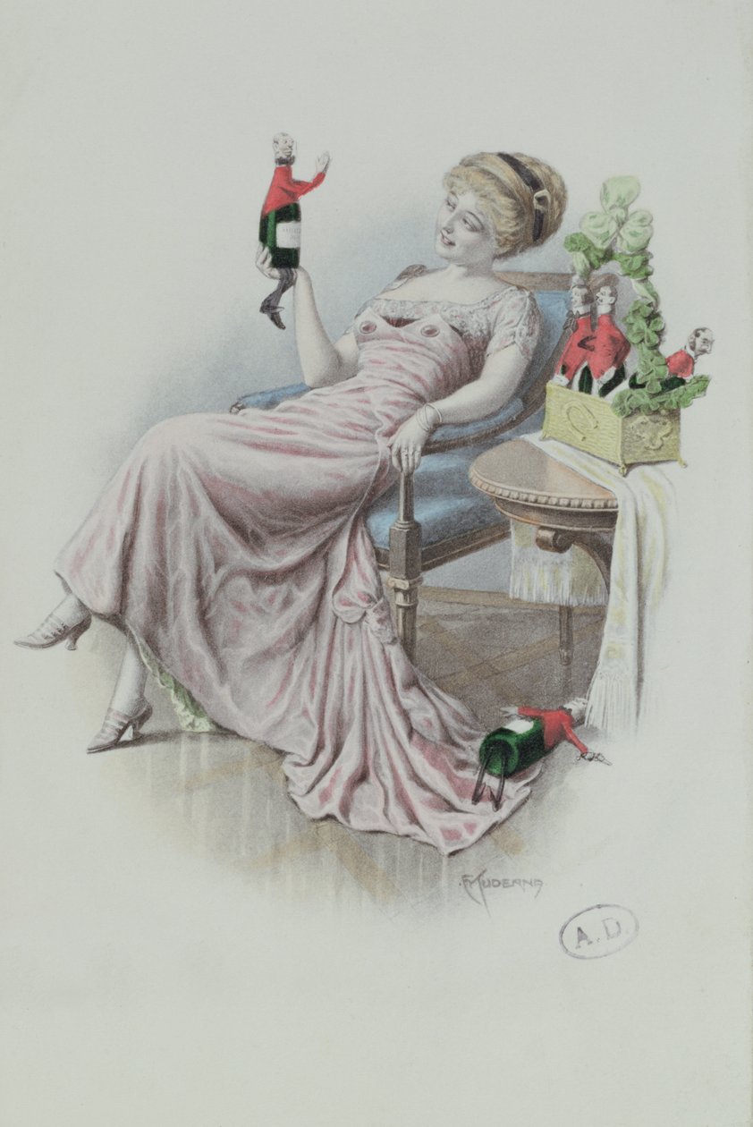 Képeslap nőt ábrázoló pezsgősüvegekkel, férfi alakban, 1900 körül (színes litó) alkotó: F. Kuderna
