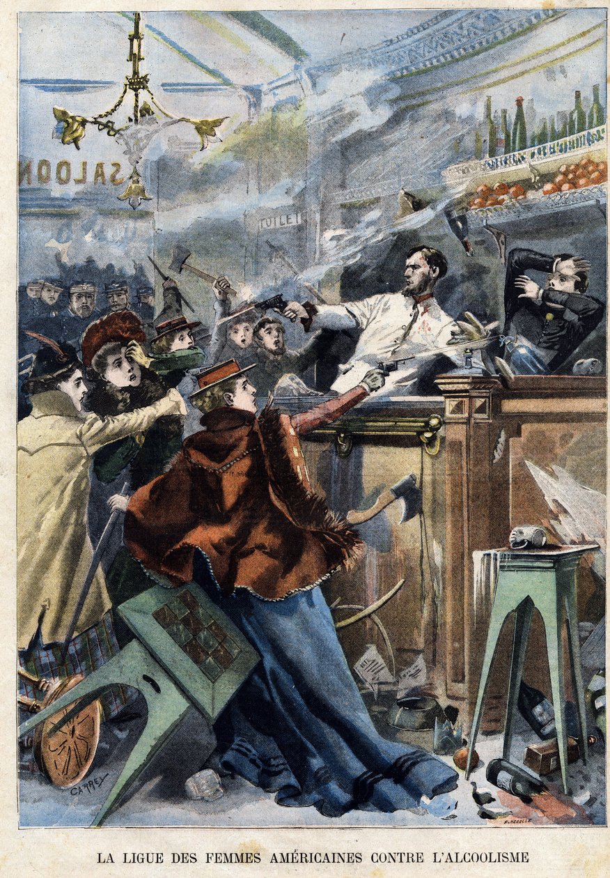 Amerikai Női Liga az alkoholizmus ellen. Egy amerikai szalonban a nők fegyverrel lövöldöznek a pultosokra. alkotó: F. L & Carrey (fl.1900) Meaulle