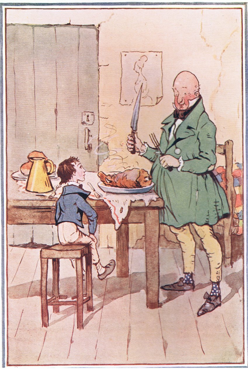 David MiCawber úrral vacsorázott a börtönben, David Copperfield illusztrációja, 1914 alkotó: F. M. B. Blaikie